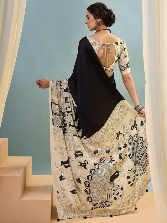 Semi Modal Black Printed Saree | EZB GF02 RAGA V2 52005 - EZBER
