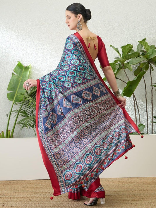 Semi Modal Blue Printed Saree | EZB GF02 LUX 13006 - EZBER