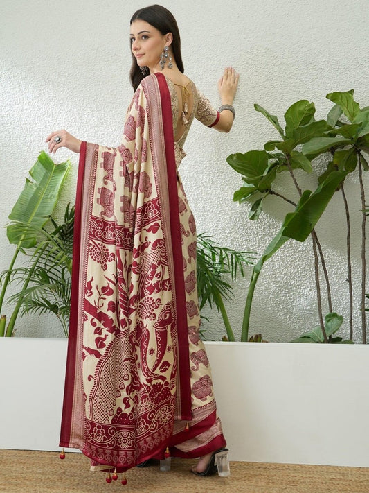 Semi Modal Cream Printed Saree | EZB GF02 RAGA V3 53001 - EZBER