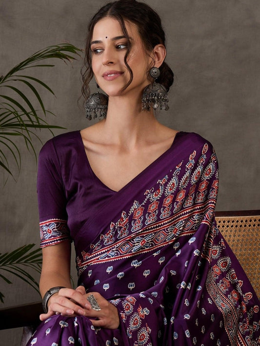 Semi Modal Purple Printed Saree | EZB GF02 LUX 1005 - EZBER