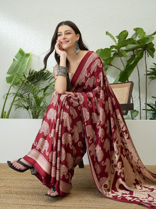 Semi Modal Red Printed Saree | EZB GF02 RAGA V3 53006 - EZBER