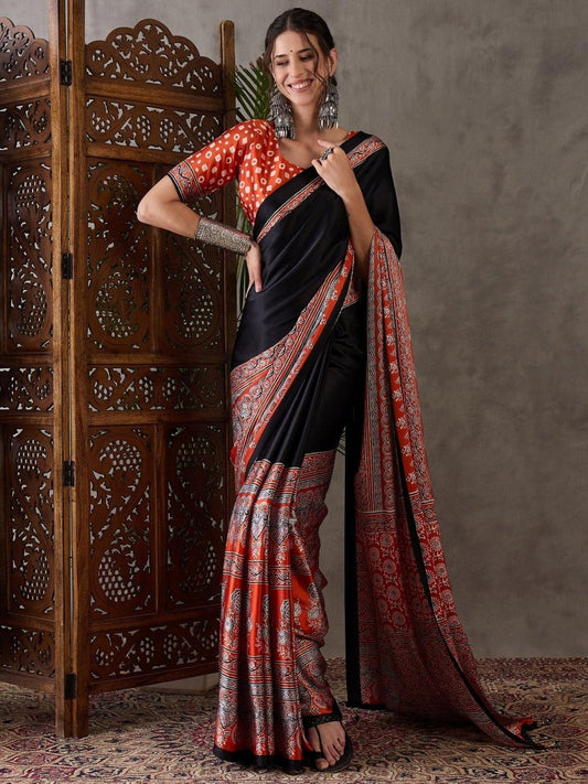 Semi Modal Salmon Printed Saree | EZB GF02 LUX 4008 - EZBER