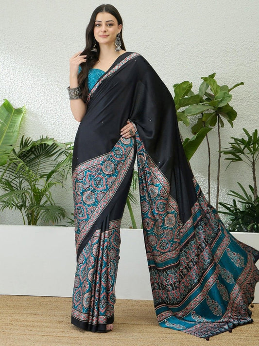Semi Modal Teal Printed Saree | EZB GF02 LUX 10001 - EZBER