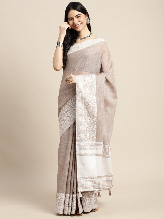 Beige Linen Saree with Blouse Piece