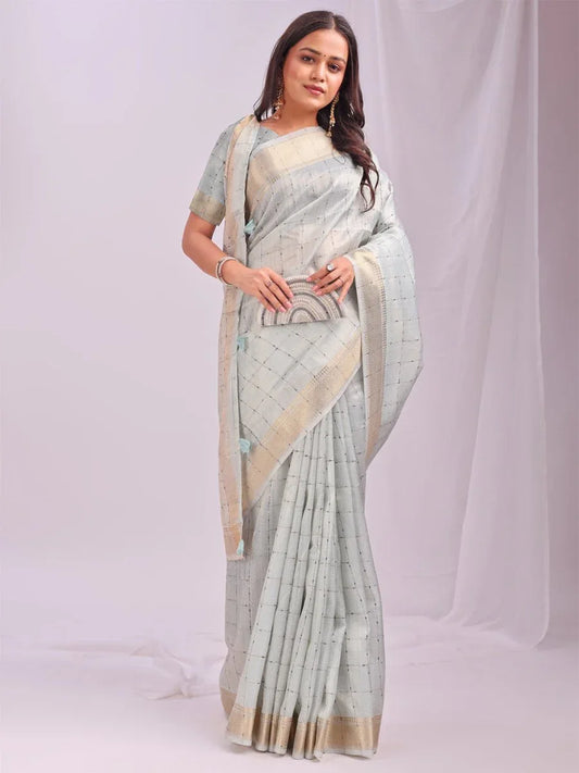 Sky Blue CASUAL CHECKS Organza Saree with Blouse Piece - EZBER