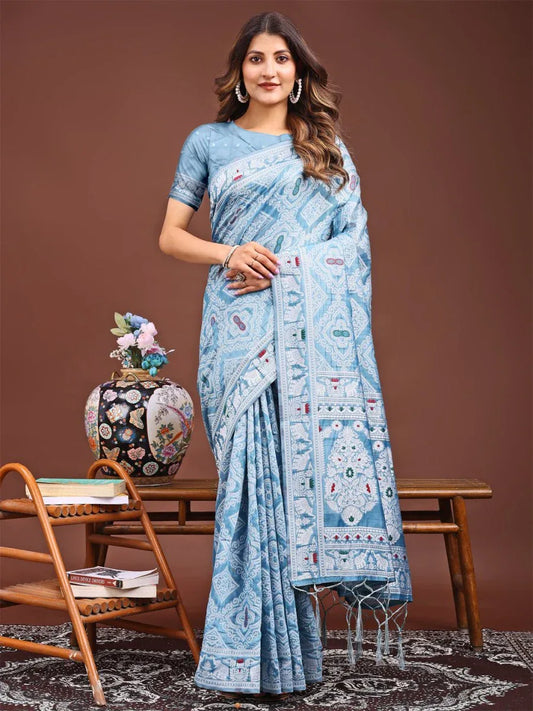 Sky Blue Linen Cotton Saree With Blouse Piece - EZBER