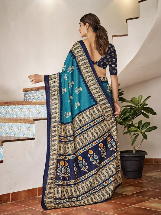 Sky Blue Mulmul Cottons Saree With Blouse Piece - EZBER