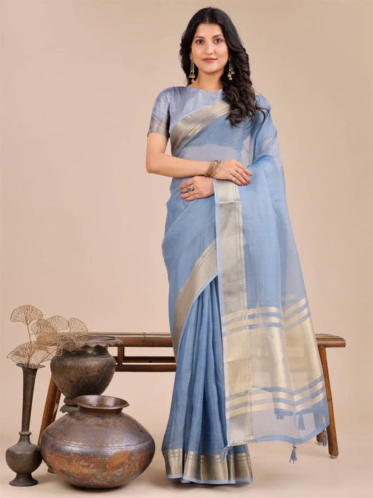 Sky Blue Organza Saree With Blouse Piece - EZBER