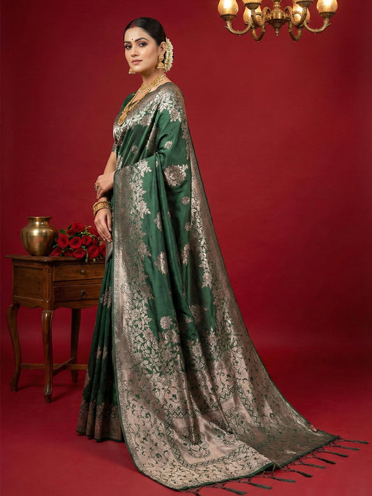 Silk Blend Dark Green Brocade Saree With Blouse Piece