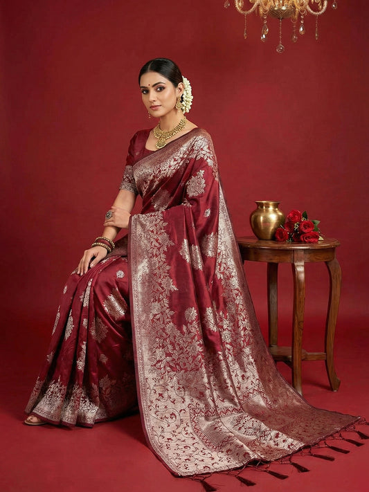 Silk Blend Maroon Brocade Saree With Blouse Piece