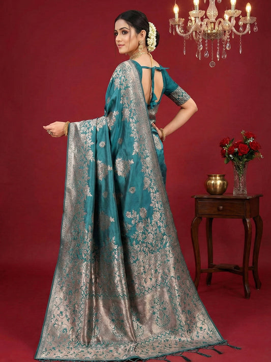 Silk Blend Sea Green Brocade Saree With Blouse Piece