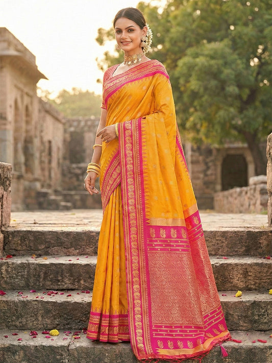 Soft Silk Yellow Brocade Saree With Blouse Piece