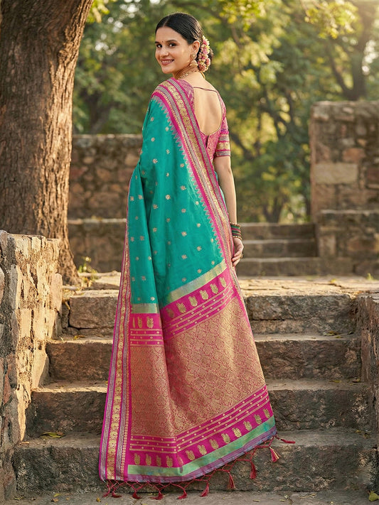 Soft Silk Sea Green Brocade Saree With Blouse Piece