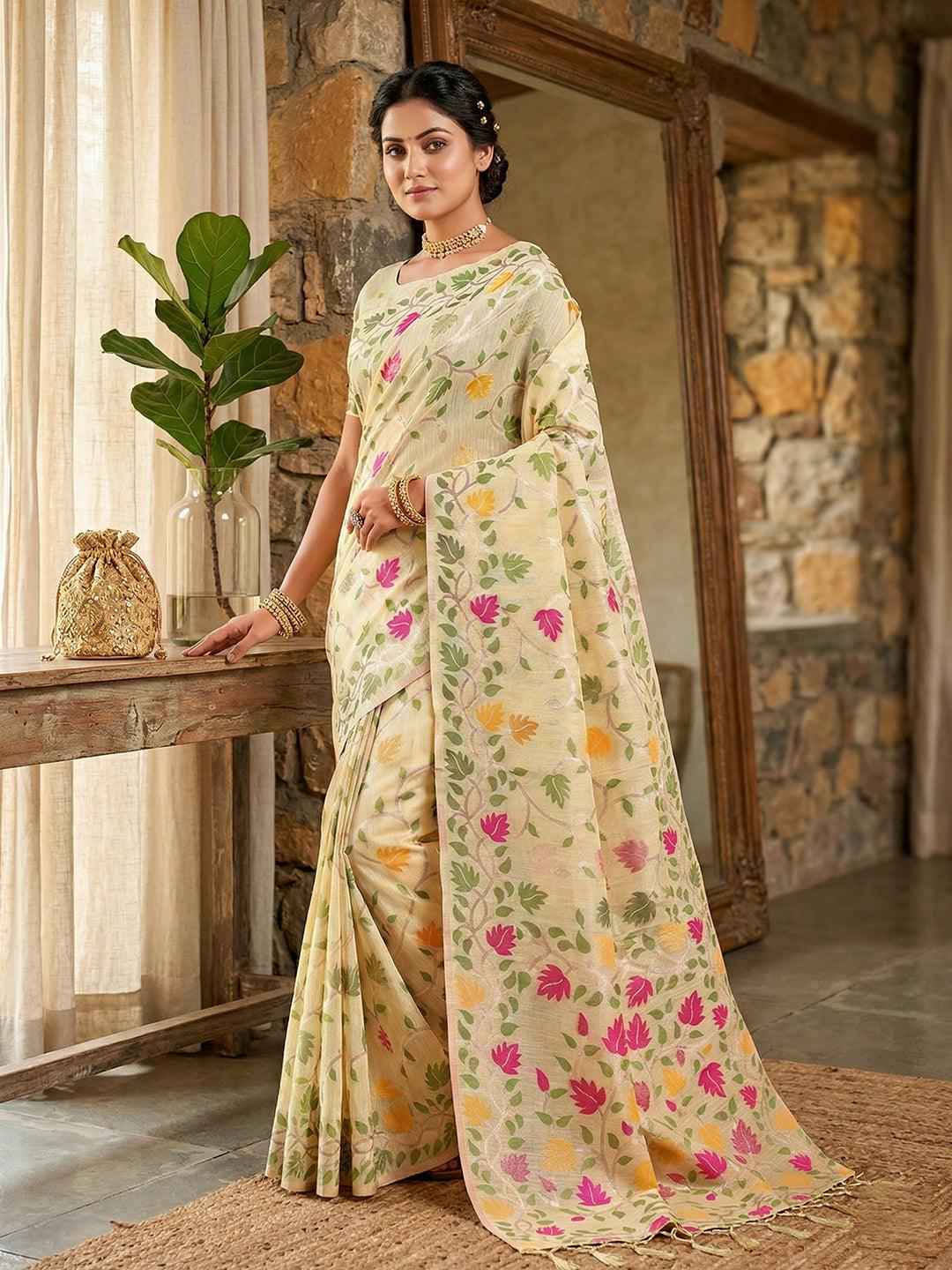 Cream Linen Cotton Brocade Saree | EZB SI04 SRLOV 1001