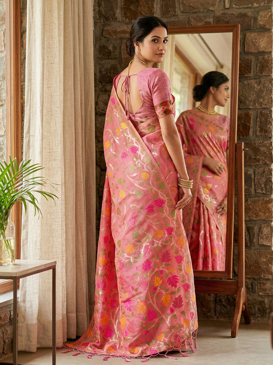 Pink Linen Cotton Saree with Blouse Piece | EZBER