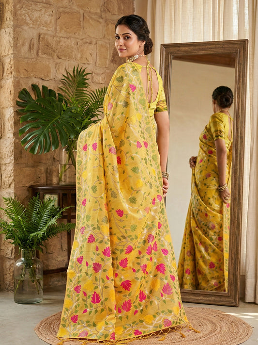 White Linen Cotton Saree with Blouse Piece | EZBER