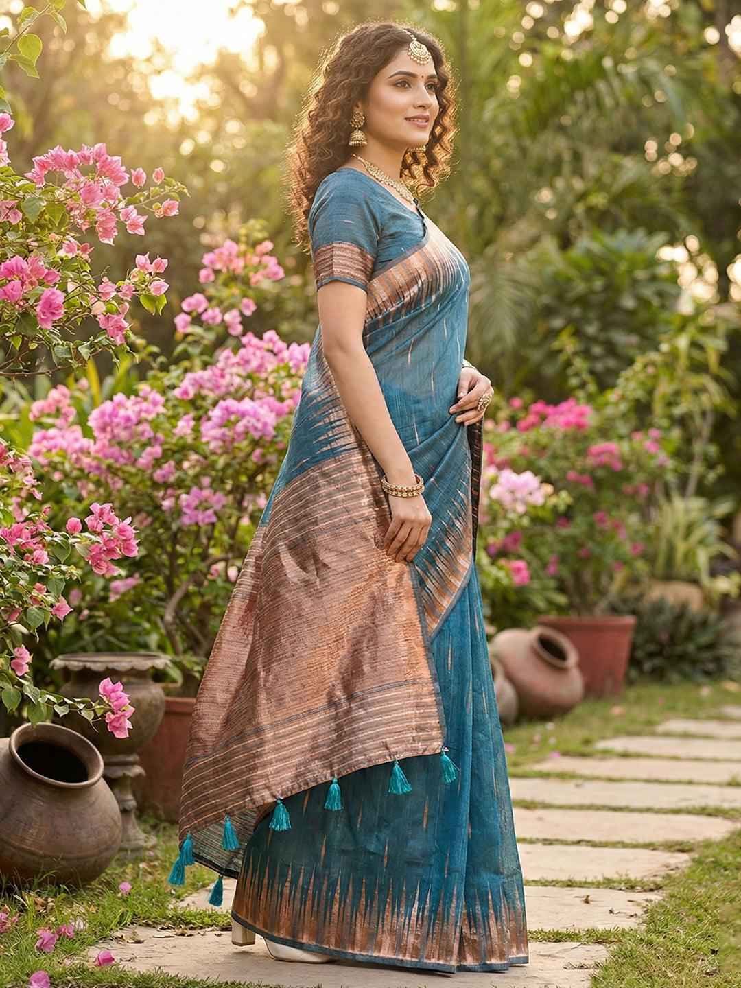 Blue Linen Cotton Brocade Saree | EZB SI04 SRMAD 1002