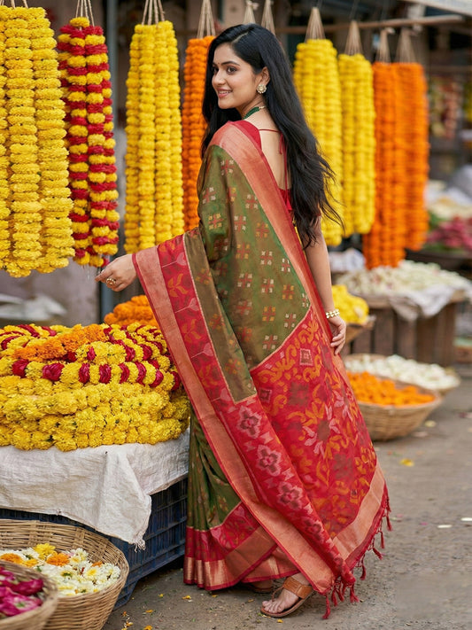 Pochampalli Silk Brown Brocade Saree With Blouse Piece