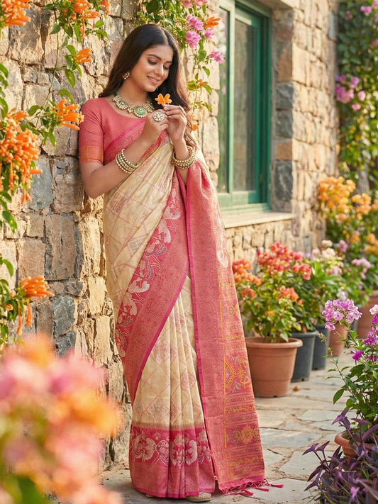 Cream Pochampalli Silk Saree with Blouse Piece | EZBER