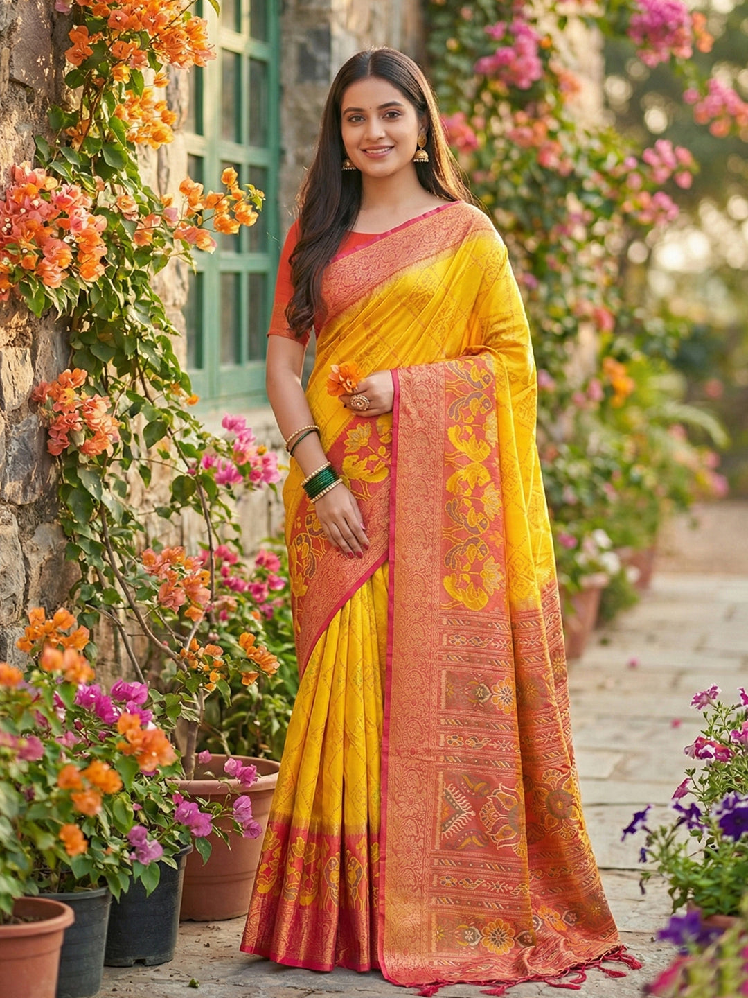 Yellow Pochampalli Silk Saree with Blouse Piece