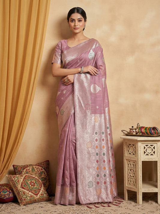 Linen Cotton Purple Brocade Saree With Blouse Piece