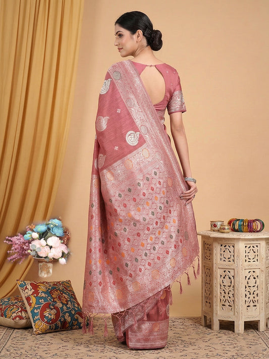 Linen Cotton Pink Brocade Saree With Blouse Piece