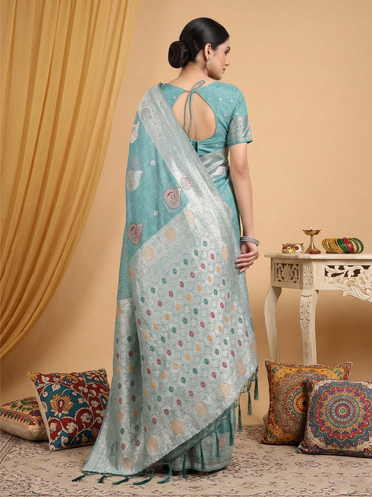 Linen Cotton Sea Green Brocade Saree With Blouse Piece