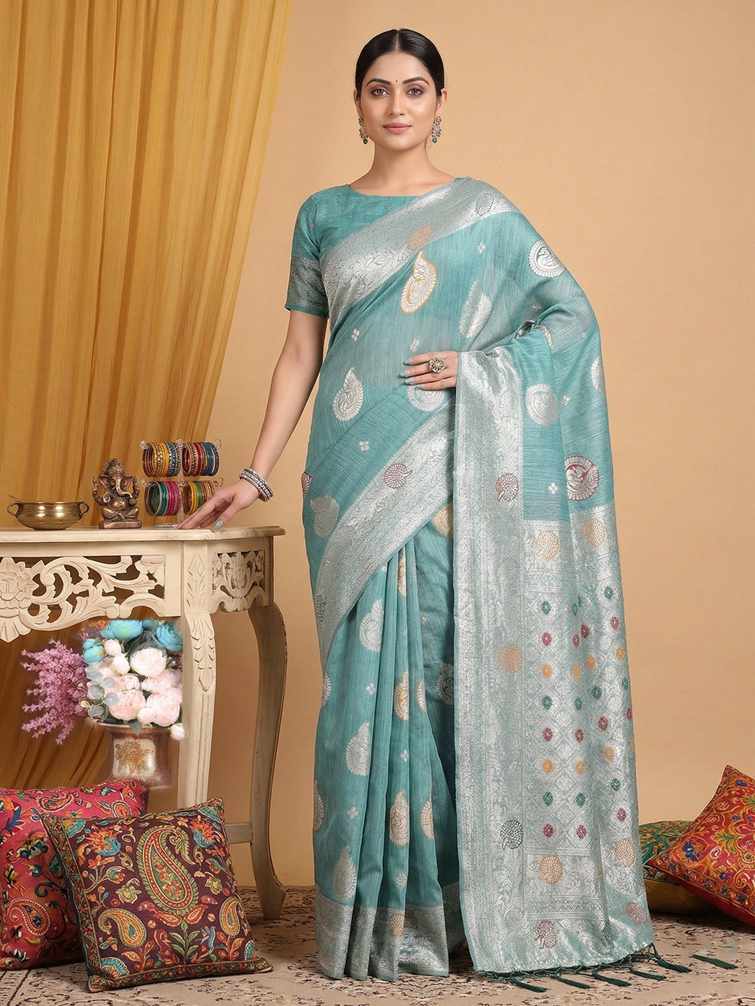 Linen Cotton Sea Green Brocade Saree With Blouse Piece