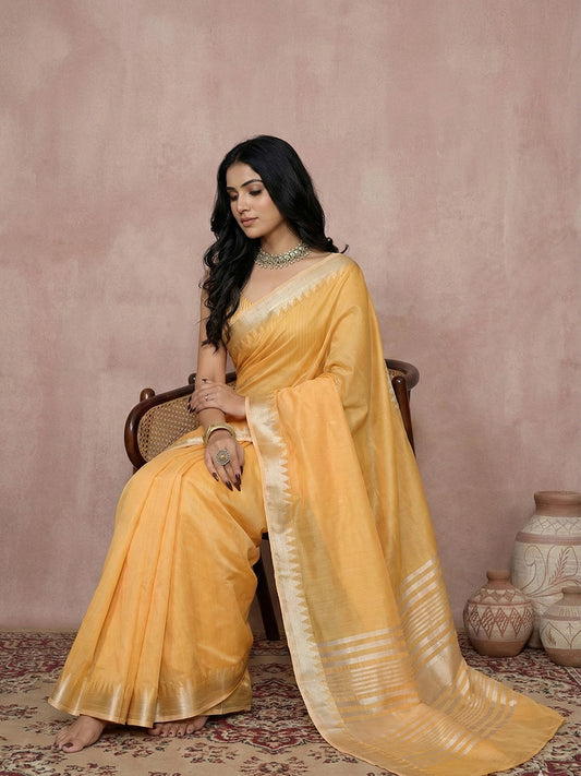 Cotton Mustrd Yellow Brocade Saree With Blouse Piece