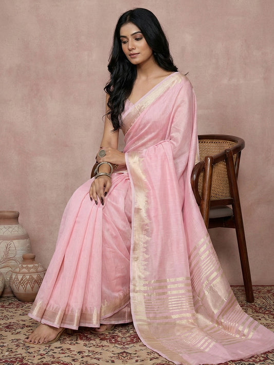 Cotton Light Pink Brocade Saree With Blouse Piece