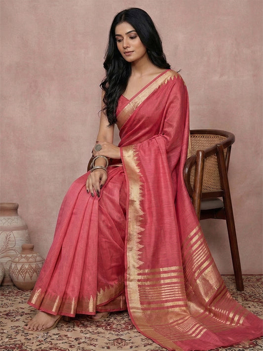 Cotton Maroon Brocade Saree With Blouse Piece