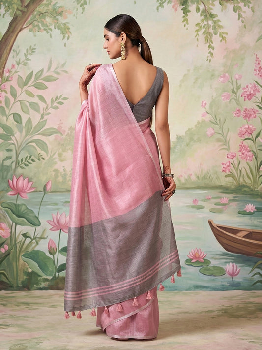 Tissue Silk Light Pink Brocade Saree With Blouse Piece