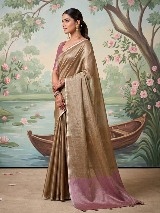 Tissue Silk Brown Brocade Saree With Blouse Piece