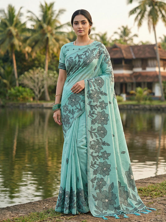 Sea Green Linen Cotton Saree with Blouse Piece | EZBER