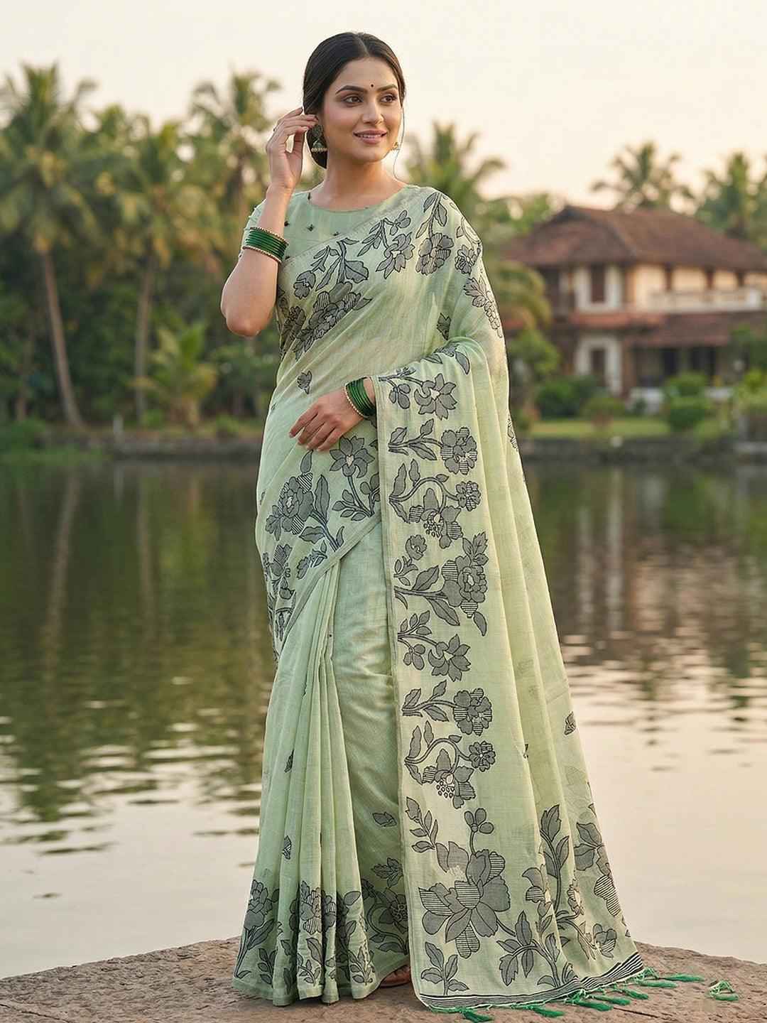 Light Green Linen Cotton Brocade Saree | EZB SI04 SRYAS 1003
