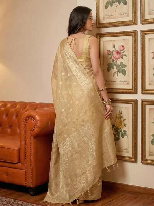 Tissue Silk Cream Brocade Saree With Blouse Piece