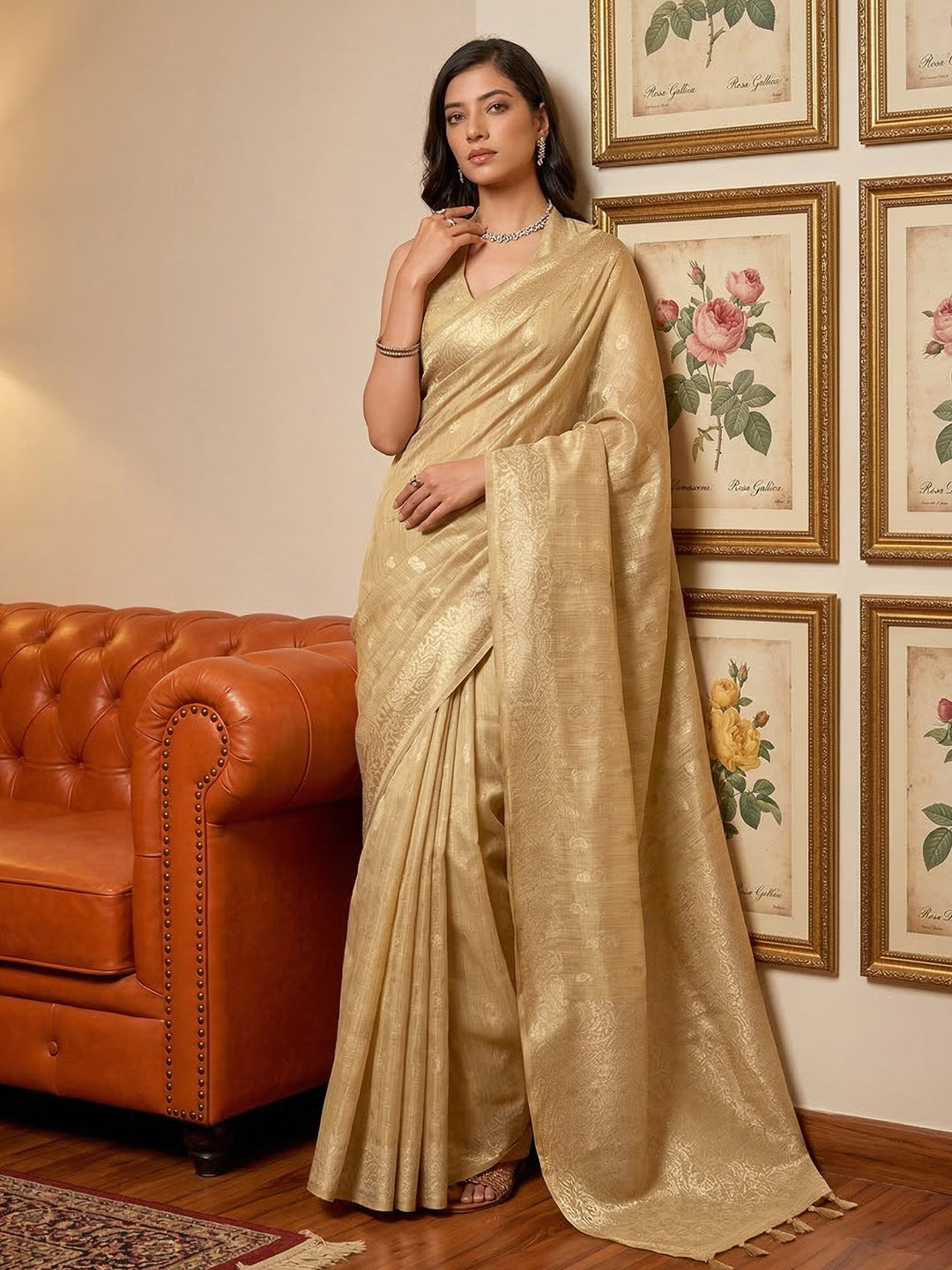 Tissue Silk Cream Brocade Saree With Blouse Piece