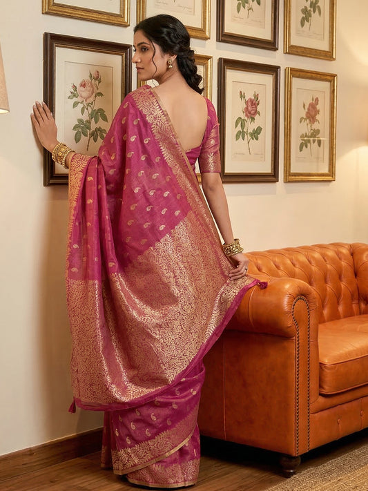 Tissue Silk Wine Brocade Saree With Blouse Piece