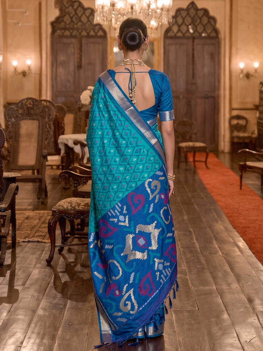 Sky Blue & Navy Soft Silk Ikat Saree | EZB SI04 SUADI1002