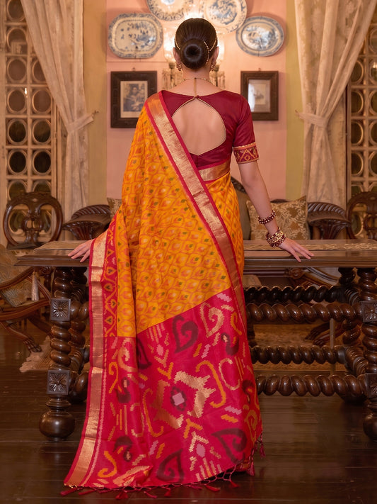 Mustard & Maroon Soft Silk Ikat Saree | EZB SI04 SUADI1003
