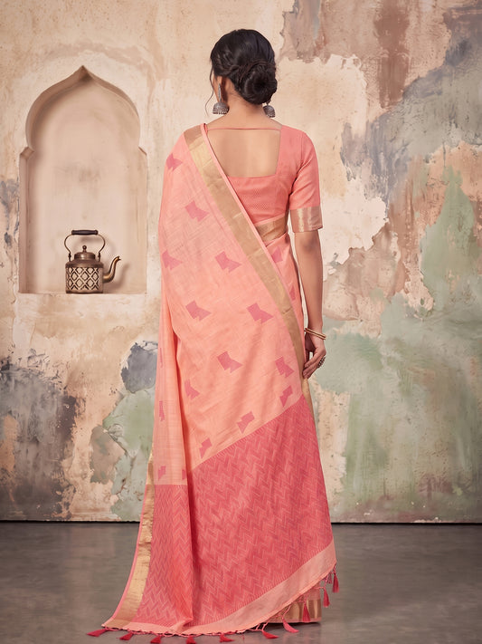 Peach Linen Chevron Pallu Saree | EZB SI04 SUARZ1006