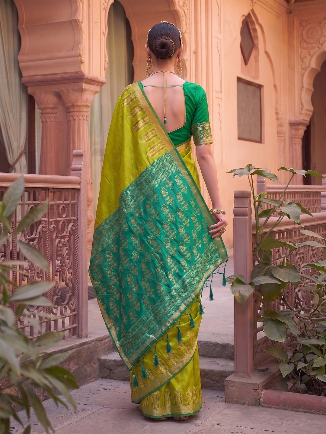 Mustard & Green Soft Silk Ikat Saree | EZB SI04 SUDOL1006