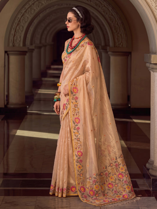Beige Tissue Silk Embroidery Saree | EZB SI04 SUFAN1001