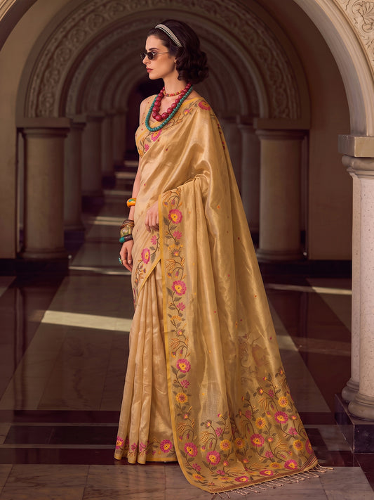 Golden Tissue Silk Embroidery Saree | EZB SI04 SUFAN1003