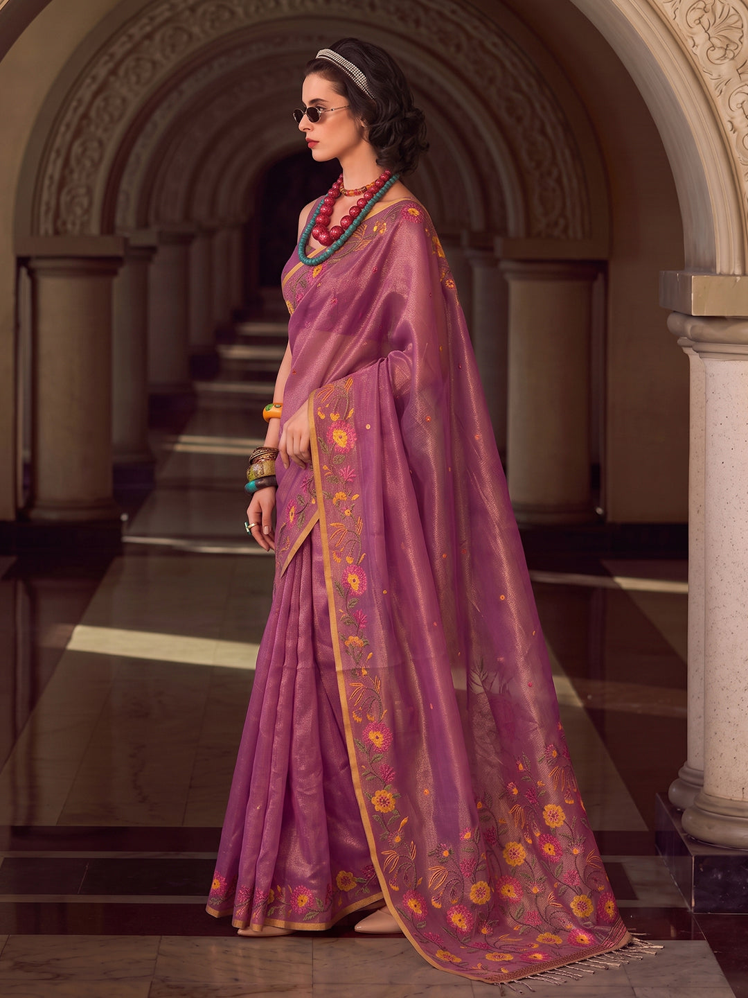 Pink Tissue Silk Embroidery Saree | EZB SI04 SUFAN1004