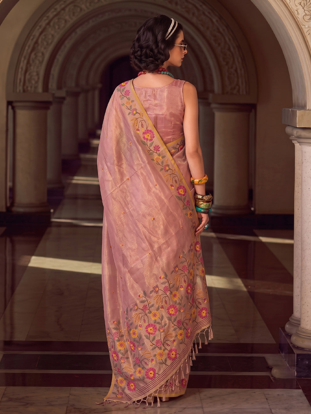 Light Pink Tissue Silk Embroidery Saree | EZB SI04 SUFAN1005