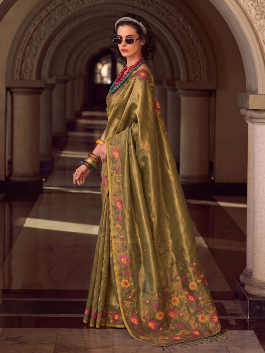 Olive Tissue Silk Embroidery Saree | EZB SI04 SUFAN1006