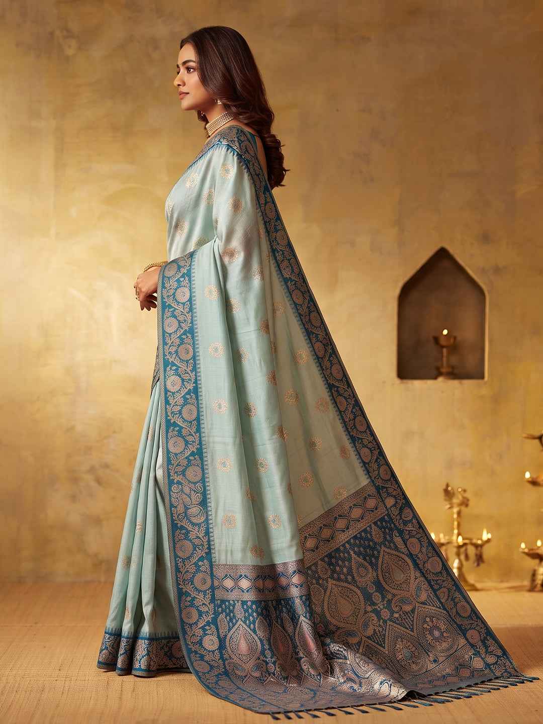 SKY BLUE & SKY BLUE Silk Blend Banarasi Brocade Saree | EZB SI04 SUGEE1002