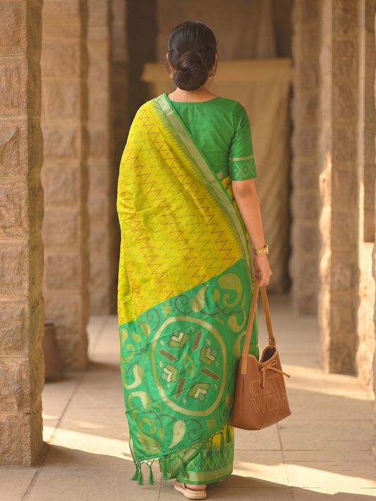 Yellow & Green Soft Silk Ikat Saree | EZB SI04 SUIDR1001