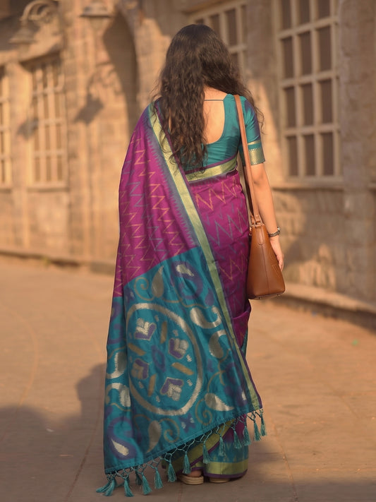 Purple & Teal Soft Silk Ikat Saree | EZB SI04 SUIDR1002